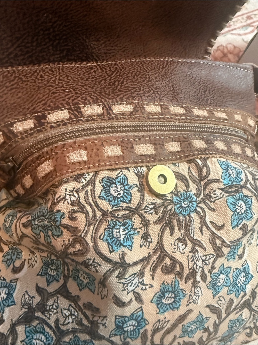 Myra Handcrafted Blue Floral Crossbody Bag with Brown Leather Trim - Picture 7 of 10